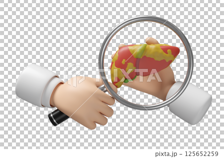 3d Doctor hand holding magnifying glass with realistic human liver isolated. check liver health, fatty liver disease  concept, 3d illustration render 125652259