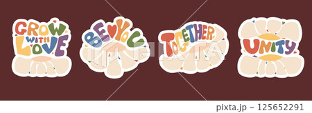 Retro Groovy LGBT Lettering in Rainbow colors Flag Set. Isolated Vector stickers Calligraphy quote with Daisy Flower Power. LGBTQ community. Gender equality and diversity relationships. Pride month Retro Groovy LGBT Lettering in Rainbow colors Flag Set. Isolated Vector stickers Calligraphy quote with Daisy Flower Power. LGBTQ community. Gender equality and diversity relationships. Pride month 125652291