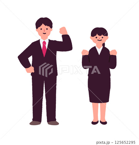 笑顔でガッツポーズをするスーツ姿の男性と女性 125652295