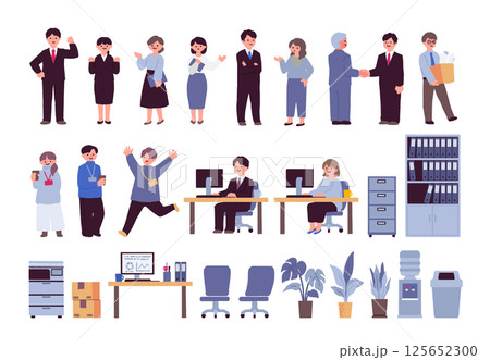 オフィスで働く会社員と備品のイラストセット 125652300
