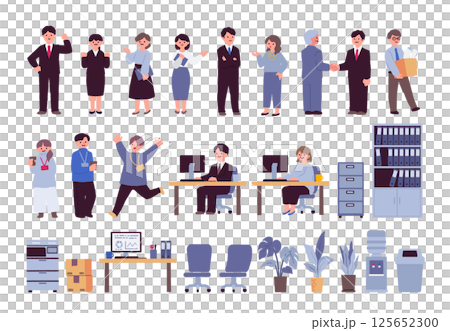 オフィスで働く会社員と備品のイラストセット 125652300