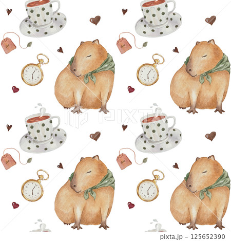 Watercolor cute seamless pattern with capybara Watercolor cute seamless pattern with capybara 125652390