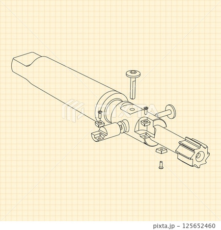 Mechanical engineering drawings. Tap tools, borer. Technical Design. Cover. Blueprint. Step Cutting Tool with Countersinking Function. Technical 3D Vector Illustration 125652460
