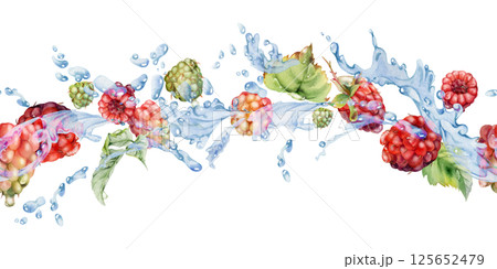 Raspberry flying in water splash with leaves and dew drops, ripe summer garden forest berry loganberry hand drawn in watercolor. Isolated seamless banner. Home preserves, stationery, menu, recipe book Raspberry flying in water splash with leaves and dew drops, ripe summer garden forest berry loganberry hand drawn in watercolor. Isolated seamless banner. Home preserves, stationery, menu, recipe book 125652479