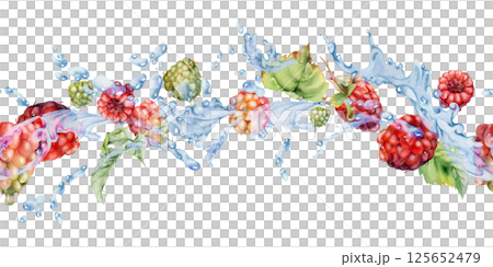 Raspberry flying in water splash with leaves and dew drops, ripe summer garden forest berry loganberry hand drawn in watercolor. Isolated seamless banner. Home preserves, stationery, menu, recipe book Raspberry flying in water splash with leaves and dew drops, ripe summer garden forest berry loganberry hand drawn in watercolor. Isolated seamless banner. Home preserves, stationery, menu, recipe book 125652479