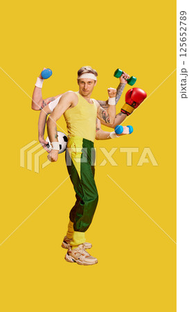 Retro styled man with tattoos and sweatbands holding dumbbells, boxing gloves and football with multiple hands, training on bright yellow background Retro styled man with tattoos and sweatbands holding dumbbells, boxing gloves and football with multiple hands, training on bright yellow background 125652789