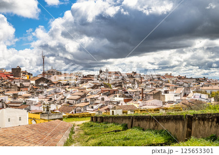 View over Elvas in Portugal with its typical Portuguese buildings and cobblestone streets 125653301