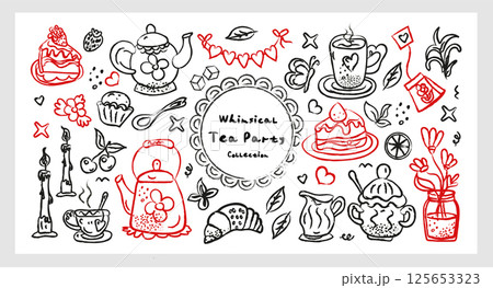 Whimsical Tea Party Collection hand drawn line art chalk and charcoal vector set with teapots, pastries, sweets, mugs and cozy vintage elements. Perfect for planner design, prints, and stickers Whimsical Tea Party Collection hand drawn line art chalk and charcoal vector set with teapots, pastries, sweets, mugs and cozy vintage elements. Perfect for planner design, prints, and stickers 125653323