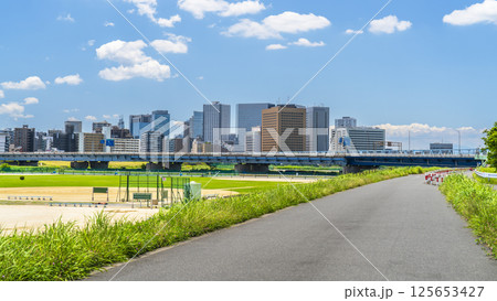 夏の多摩川河川敷 サイクリングロードから見る川崎駅前のビル群【神奈川県・川崎市】 夏の多摩川河川敷 サイクリングロードから見る川崎駅前のビル群【神奈川県・川崎市】 125653427