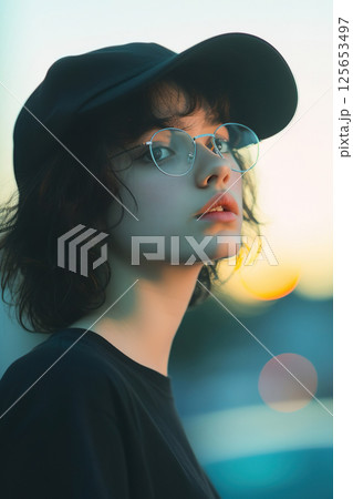 Gentle young brunette woman in glasses and baseball cap with sensual look on sunset background 125653497