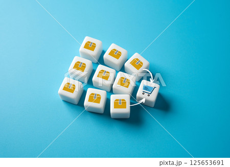 Shopping and adding items to cart. Online retail experience. E-commerce. Purchasing process product selection. Shopping journey from browsing to checkout. 125653691