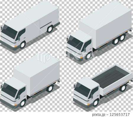 Isometric trucks, van, box truck, pickup truck Isometric trucks, van, box truck, pickup truck 125653717