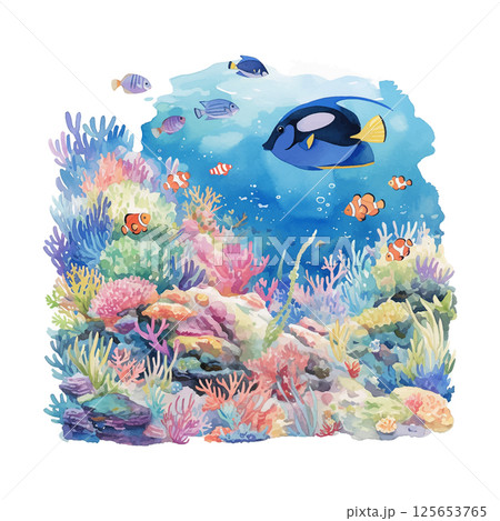 Colorful coral reef with tropical fish swimming in clear water during a vibrant underwater scene 125653765
