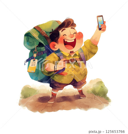 Happy child with backpack holding smartphone and map while exploring outdoors on a sunny day 125653766