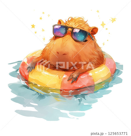 Capybara enjoying a summer day in a colorful donut float with sunglasses and confetti 125653771