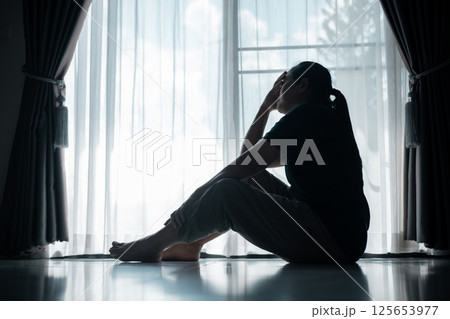 young woman sat alone, feeling weight of anxiety, stress, and depression, her sadness echoing struggles many people face in silence. anxiety, stress, depression, woman, person, sad, adult, alone. young woman sat alone, feeling weight of anxiety, stress, and depression, her sadness echoing struggles many people face in silence. anxiety, stress, depression, woman, person, sad, adult, alone. 125653977