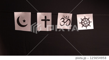 Concept of interfaith dialogue promotes understanding and spirituality by bringing together symbols, beliefs from diverse religions Hinduism, Islam, Judaism, Buddhism, faith and religious harmony. Concept of interfaith dialogue promotes understanding and spirituality by bringing together symbols, beliefs from diverse religions Hinduism, Islam, Judaism, Buddhism, faith and religious harmony. 125654958