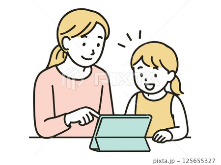 親子でタブレットを使って学習している様子のイラスト 125655327
