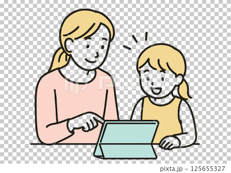 親子でタブレットを使って学習している様子のイラスト 125655327