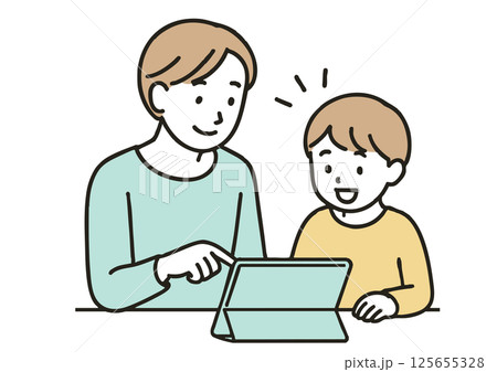 父親と息子がタブレットを使って一緒に学習している様子のイラスト 125655328