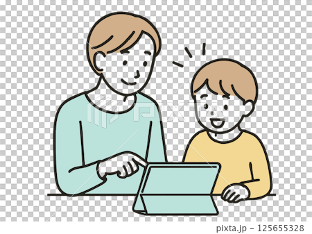 父親と息子がタブレットを使って一緒に学習している様子のイラスト 125655328