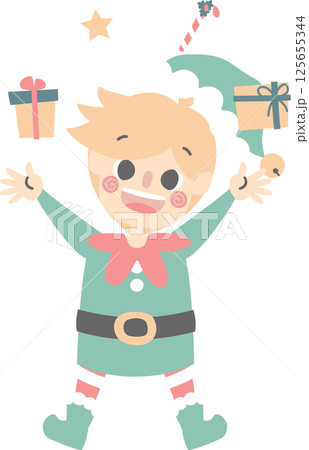 merry christmas and happy new year with cute little elf dwarf and present gift, flat png illustration cartoon character costume design 125655344