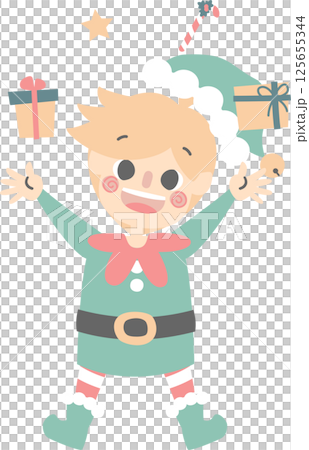 merry christmas and happy new year with cute little elf dwarf and present gift, flat png illustration cartoon character costume design 125655344
