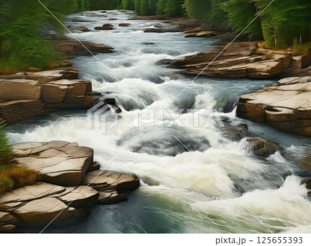 the AI Image Generator, Serene Flowing River Over Rocks in a Forested Landscape 125655393