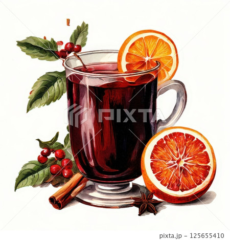 the AI Image Generator Warm Mulled Wine with Orange and Spices on a White Background 125655410