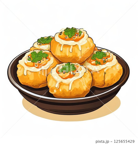 an AI Image Generator, Delicious Takoyaki Balls in a Bowl Garnished 125655429