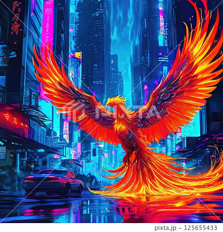 the AI Image Generator, Phoenix Rising in Neon-Lit Urban Skyline at Night the AI Image Generator, Phoenix Rising in Neon-Lit Urban Skyline at Night 125655433