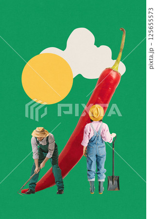 Creative and surreal illustration of oversized chili pepper and two tiny farmers interacting with vegetable. Contemporary art collage 125655573