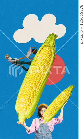 Creative design with giant corn and two farmers interacting with vegetable against blue background. Contemporary art collage. Creative design with giant corn and two farmers interacting with vegetable against blue background. Contemporary art collage. 125655576