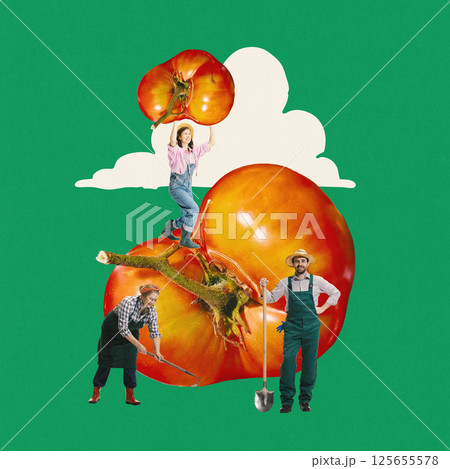 Three joyful farmers carefully growing tomatoes against green background. Contemporary art collage. Three joyful farmers carefully growing tomatoes against green background. Contemporary art collage. 125655578