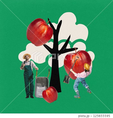 Tiny farmers interacting with giant apple tree against green background. Growing fruits. Contemporary art collage. 125655595