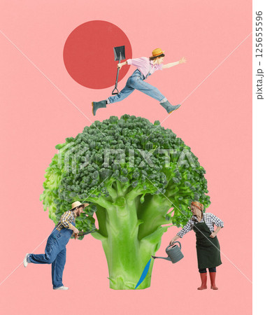 Three farmers carefully growing giant broccoli, watering against peach color background. Contemporary art collage. Three farmers carefully growing giant broccoli, watering against peach color background. Contemporary art collage. 125655596