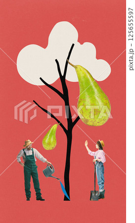 Farmers, man and woman in hat and overalls watering giant pear tree against red background. Contemporary art collage. 125655597