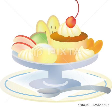 皿に乗ったレトロなプリンアラモード 皿に乗ったレトロなプリンアラモード 125655607