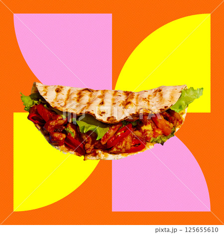 Grilled flatbread wrap filled with meat lettuce, tomato, chili placed over geometric pink yellow orange background 125655610