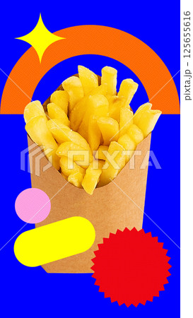 French fries served in paper container on bright pop art blue background with abstract shapes and colorful circles. 125655616