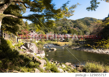 Koran bridge across Tomoe river at Korankei gorge during autumn season Koran bridge across Tomoe river at Korankei gorge during autumn season 125655717