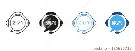 24 7 Customer Support Headset Icon Set. Round-The-Clock Service And Assistance Outline And Silhouette Symbol Collection. Call Center And Help Desk Communication. Isolated Vector Illustration 125655735