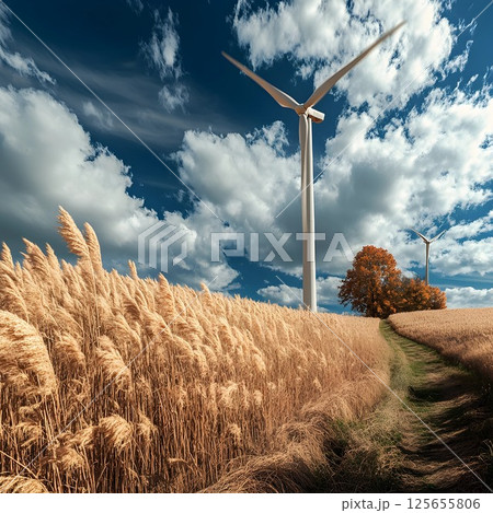 a golden wheat field with a winding path leading to towering, mowing wind turbines under a deep blue sky with fluffy clouds. An autumn tree with orange leaves adds warmth to the scene. a golden wheat field with a winding path leading to towering, mowing wind turbines under a deep blue sky with fluffy clouds. An autumn tree with orange leaves adds warmth to the scene. 125655806