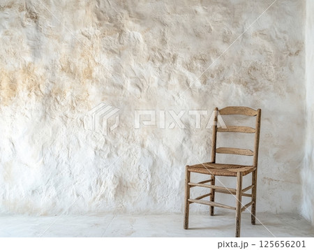 Rustic Wooden Chair Against A Textured White Wall 125656201