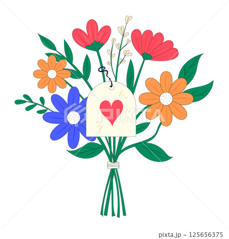 Brightly colored flower bouquet with a love tag for special occasions 125656375