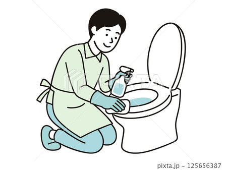 トイレ掃除をするエプロン姿の男性のイラスト（清掃・白背景） 125656387