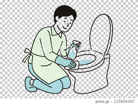 トイレ掃除をするエプロン姿の男性のイラスト（清掃・白背景） 125656387