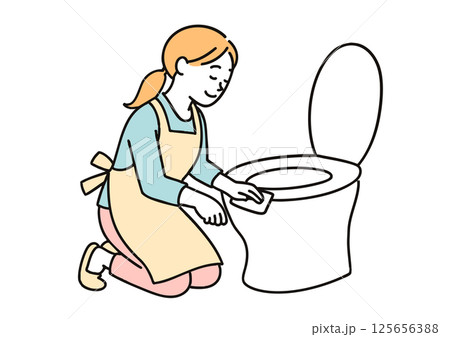 トイレ掃除をするエプロン姿の女性のイラスト（家事・白背景） 125656388