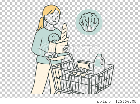 一位女士推著購物車的插圖（購買食物，白色背景） 125656389
