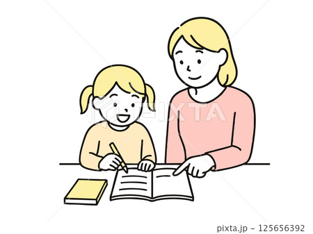 男の子に勉強を教える女性のイラスト（白背景・家庭学習・母親または先生） 125656392